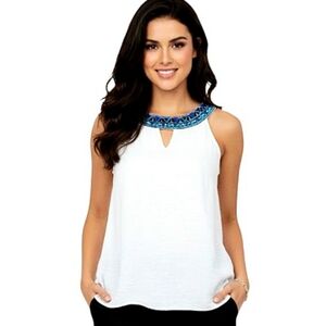 AGB Sleeveless White Beaded Embroidered Top Cutout Neck Flowy Asymmetrical Hem